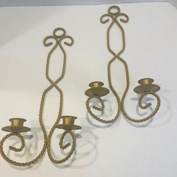 Gold Tone Twisted Metal Wire Double Candle Holder Wall Sconce Home Interiors~SET - Picture 1 of 6